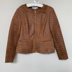 Kelly & Diane brown faux suede jacket zip front long sleeves zip pockets lined 8